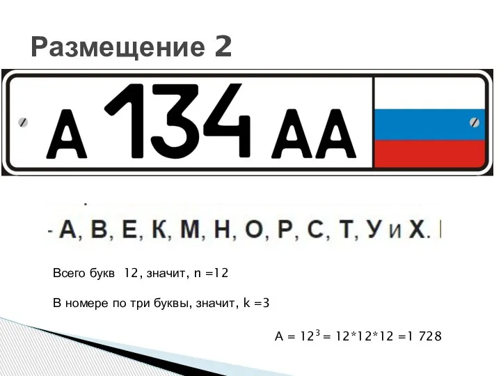 Размещение 2 Всего букв 12, значит, n =12 В номере по три