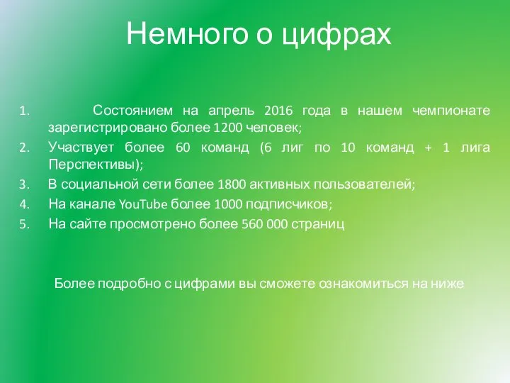 Немного о цифрах Состоянием на апрель 2016 года в нашем чемпионате зарегистрировано