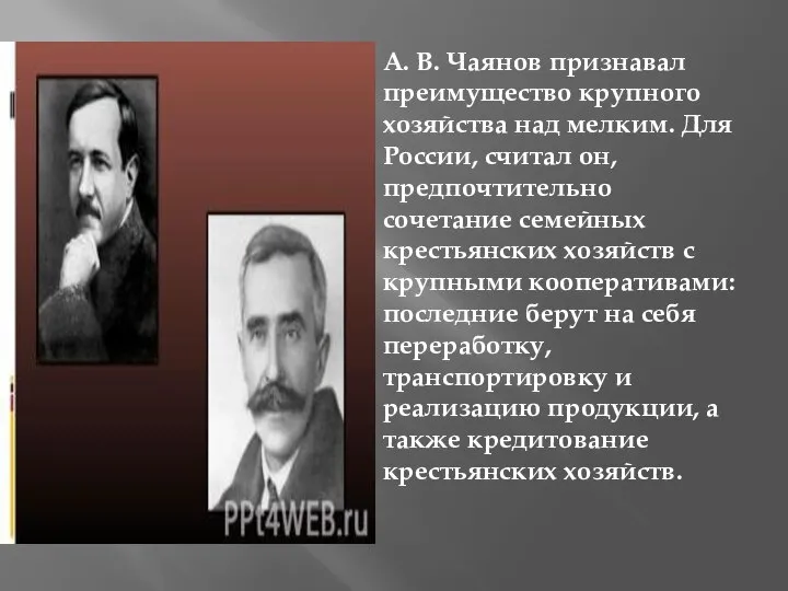 А. В. Чаянов признавал преимущество крупного хозяйства над мелким. Для России, считал