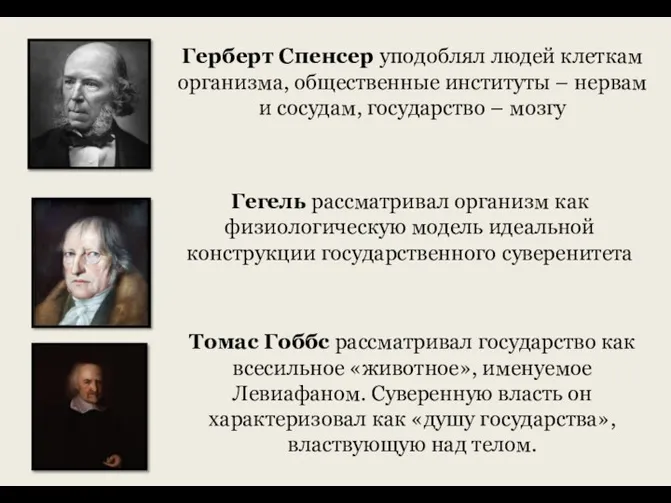 Герберт Спенсер уподоблял людей клеткам организма, общественные институты – нервам и сосудам,