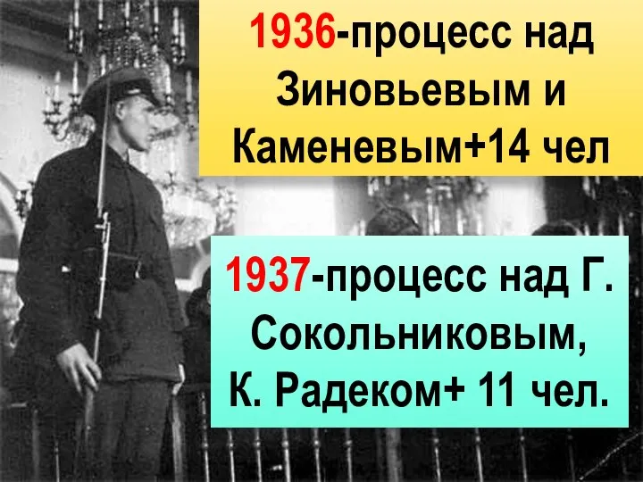 1936-процесс над Зиновьевым и Каменевым+14 чел 1937-процесс над Г.Сокольниковым, К. Радеком+ 11 чел.