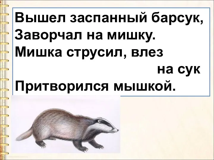 Вышел заспанный барсук, Заворчал на мишку. Мишка струсил, влез на сук Притворился мышкой.