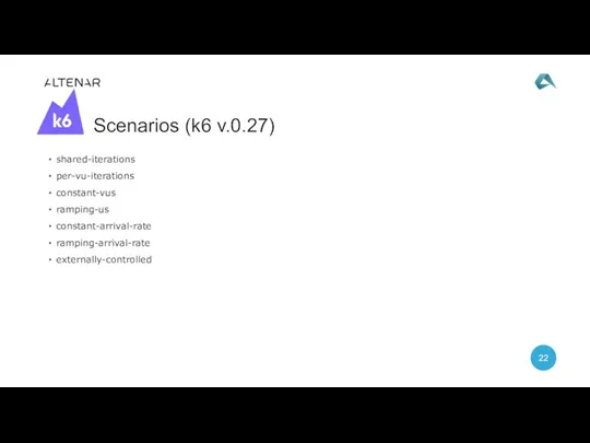 shared-iterations per-vu-iterations constant-vus ramping-us constant-arrival-rate ramping-arrival-rate externally-controlled Scenarios (k6 v.0.27)