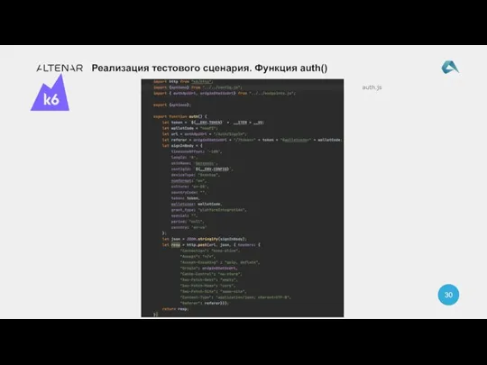auth.js Реализация тестового сценария. Функция auth()