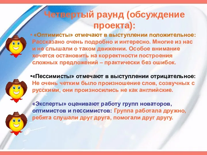 Четвертый раунд (обсуждение проекта): «Оптимисты» отмечают в выступлении положительное: Рассказано очень подробно