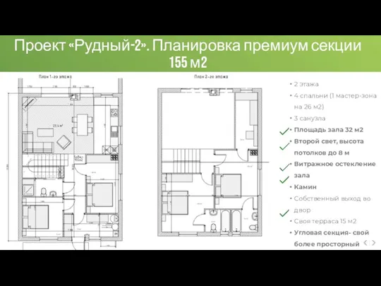 Проект «Рудный-2». Планировка премиум секции 155 м2 2 этажа 4 спальни (1