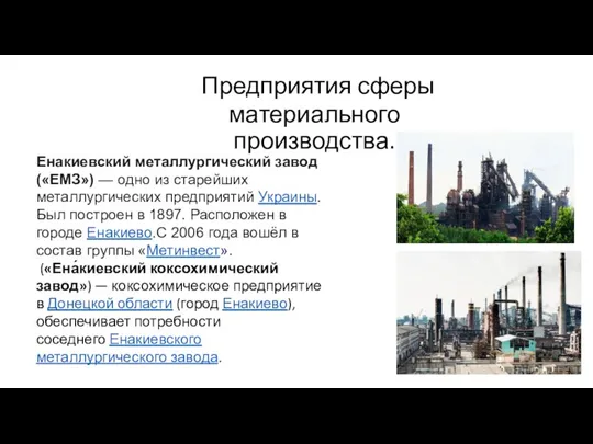 Предприятия сферы материального производства. Енакиевский металлургический завод («ЕМЗ») — одно из старейших