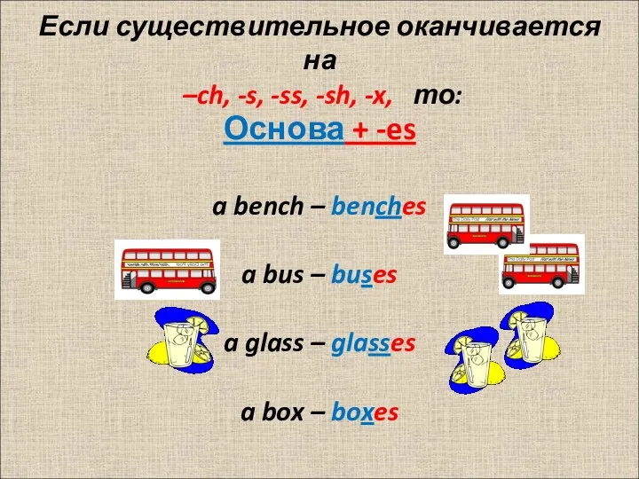 Если существительное оканчивается на –ch, -s, -ss, -sh, -x, то: Основа +