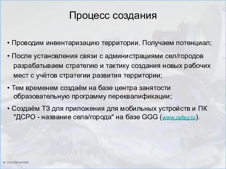 Процесс создания Проводим инвентаризацию территории. Получаем потенциал; После установления связи с администрациями