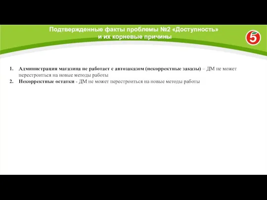 Подтвержденные факты проблемы №2 «Доступность» и их корневые причины Администрация магазина не