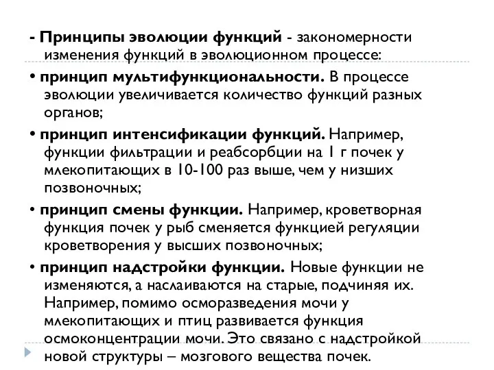 - Принципы эволюции функций - закономерности изменения функций в эволюционном процессе: •