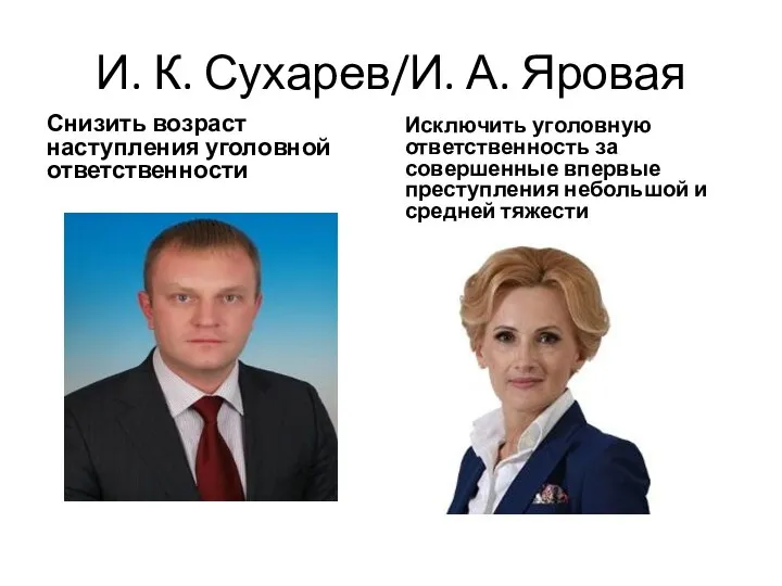 И. К. Сухарев/И. А. Яровая Снизить возраст наступления уголовной ответственности Исключить уголовную