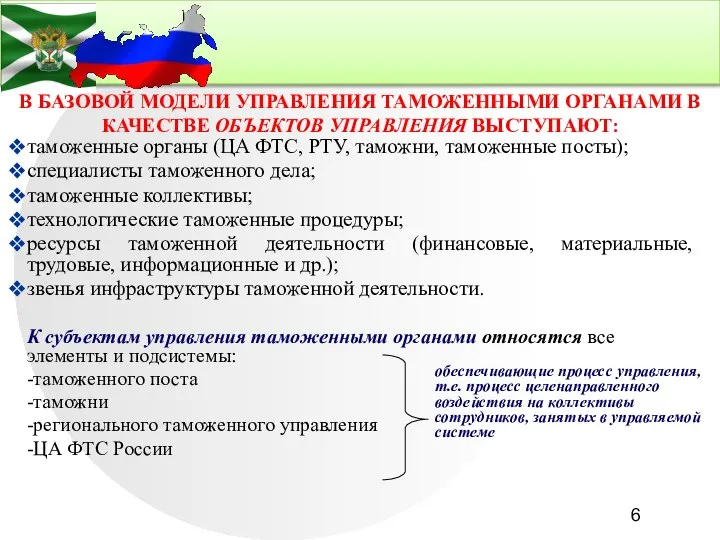 В БАЗОВОЙ МОДЕЛИ УПРАВЛЕНИЯ ТАМОЖЕННЫМИ ОРГАНАМИ В КАЧЕСТВЕ ОБЪЕКТОВ УПРАВЛЕНИЯ ВЫСТУПАЮТ: таможенные