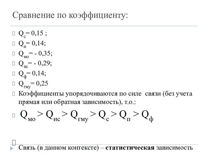 Сравнение по коэффициенту: Qс= 0,15 ; Qп= 0,14; Qмо= - 0,35; Qис=