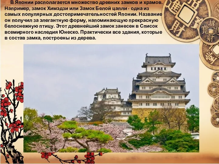 В Японии располагается множество древних замков и храмов. Например, замок Химэдзи или