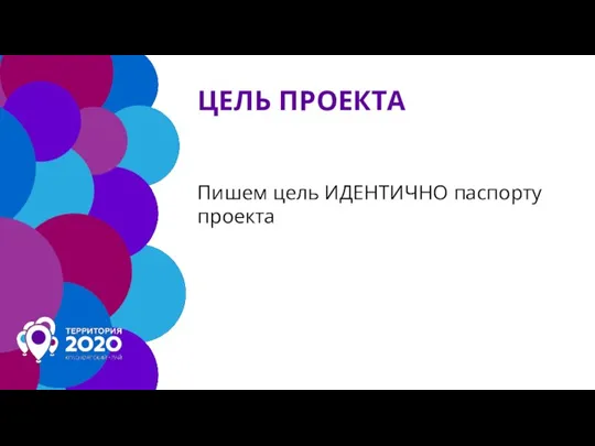 ЦЕЛЬ ПРОЕКТА Пишем цель ИДЕНТИЧНО паспорту проекта