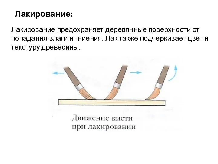 Лакирование: Лакирование предохраняет деревянные поверхности от попадания влаги и гниения. Лак также