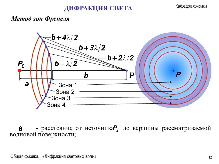 Общая физика. «Дифракция световых волн» ДИФРАКЦИЯ СВЕТА Метод зон Френеля Зона 1