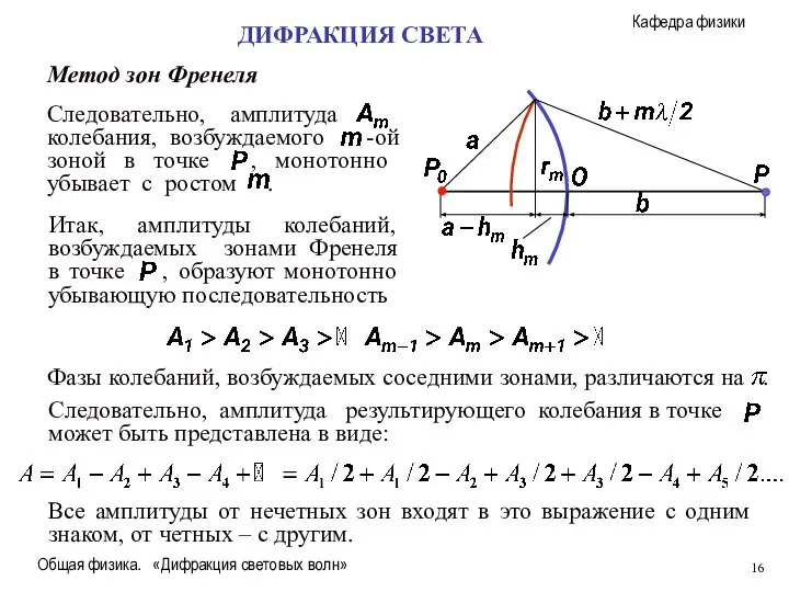 Общая физика. «Дифракция световых волн» Метод зон Френеля Все амплитуды от нечетных