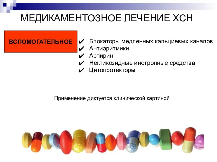 ВСПОМОГАТЕЛЬНОЕ МЕДИКАМЕНТОЗНОЕ ЛЕЧЕНИЕ ХСН Блокаторы медленных кальциевых каналов Антиаритмики Аспирин Негликозидные инотропные