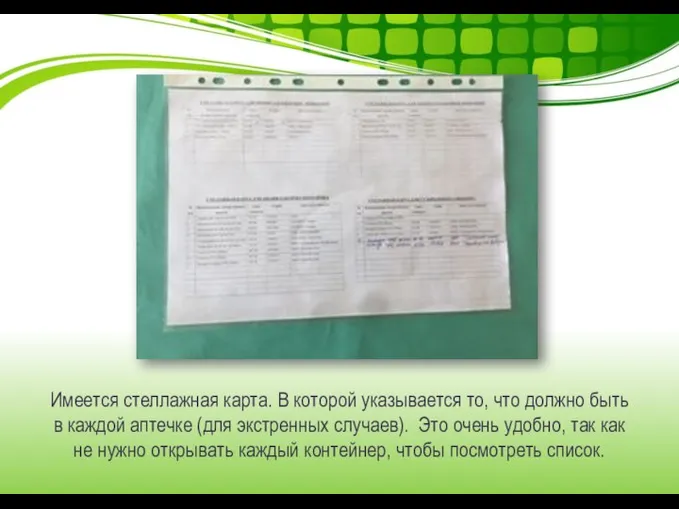 Имеется стеллажная карта. В которой указывается то, что должно быть в каждой