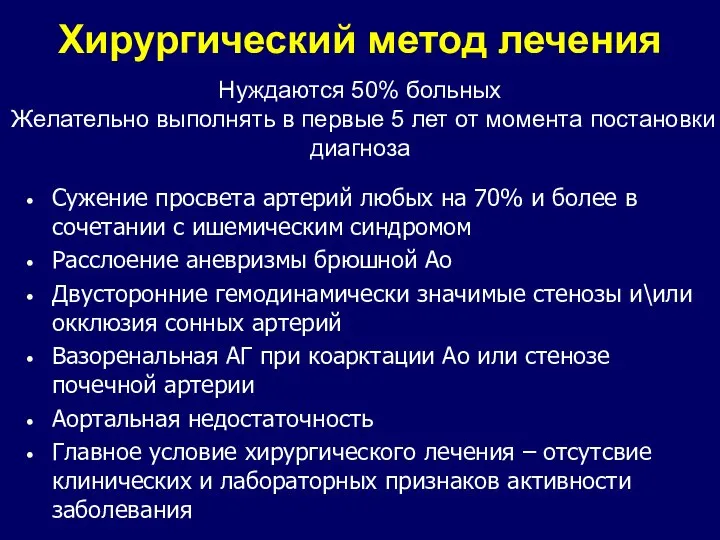 Хирургический метод лечения Сужение просвета артерий любых на 70% и более в