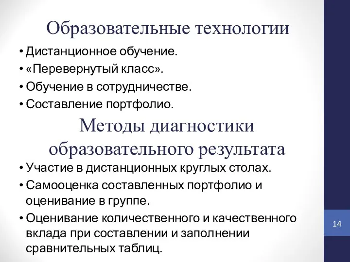 Образовательные технологии Дистанционное обучение. «Перевернутый класс». Обучение в сотрудничестве. Составление портфолио. Методы