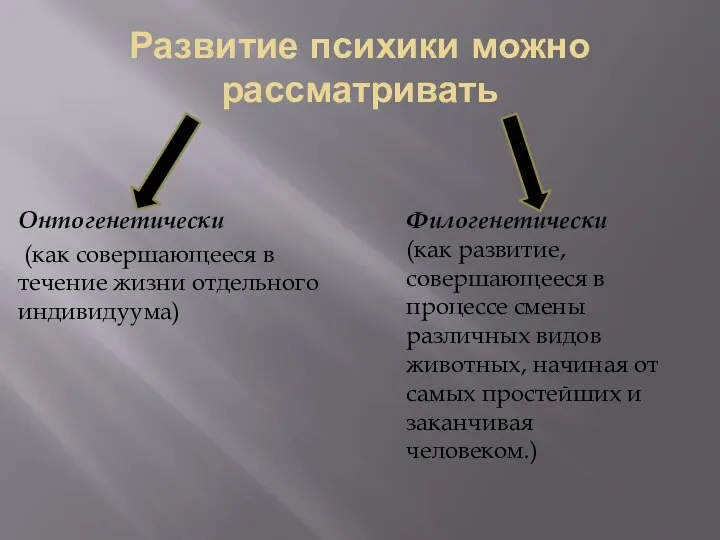 Развитие психики можно рассматривать Онтогенетически (как совершающееся в течение жизни отдельного индивидуума)