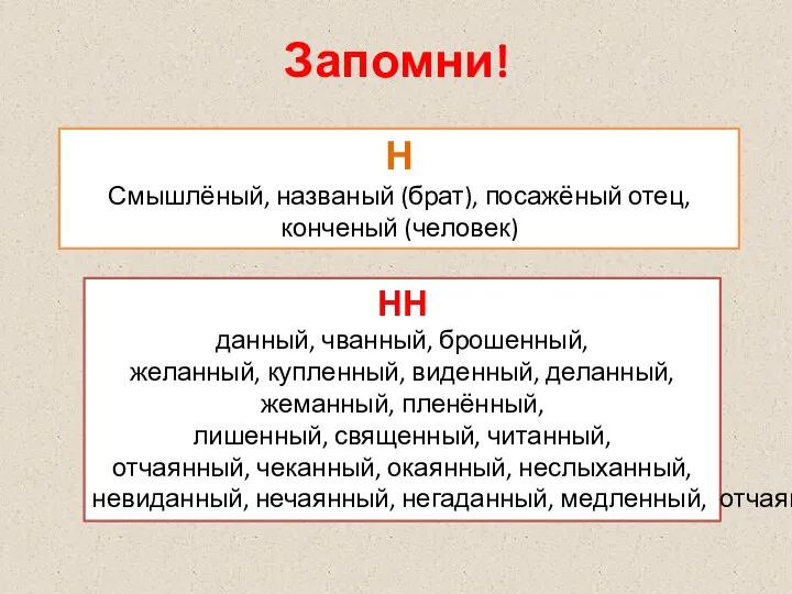 Запомни! НН данный, чванный, брошенный, желанный, купленный, виденный, деланный, жеманный, пленённый, лишенный,