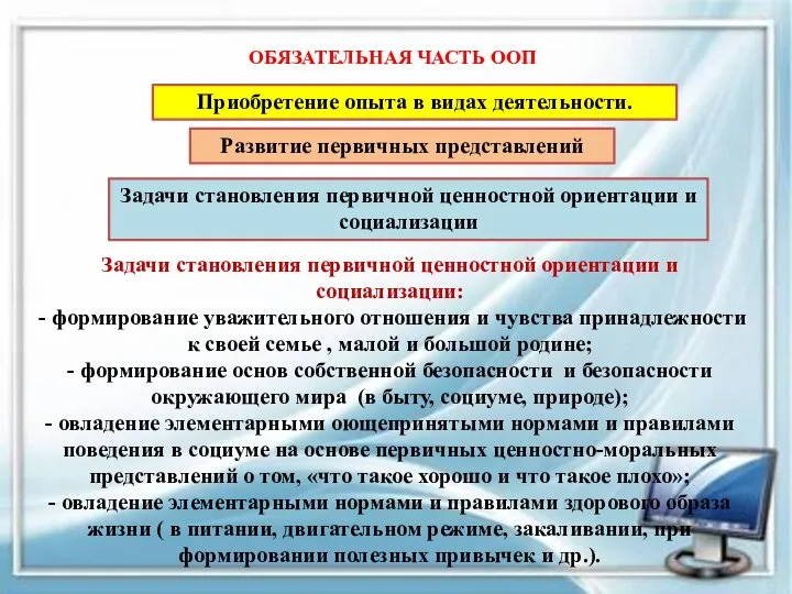 ОБЯЗАТЕЛЬНАЯ ЧАСТЬ ООП Приобретение опыта в видах деятельности. Развитие первичных представлений Задачи