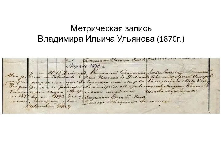 Метрическая запись Владимира Ильича Ульянова (1870г.)