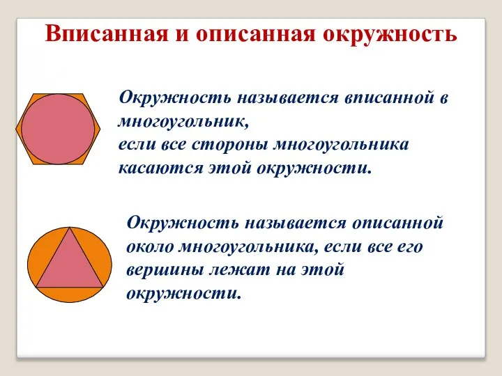 Вписанная и описанная окружность Окружность называется вписанной в многоугольник, если все стороны