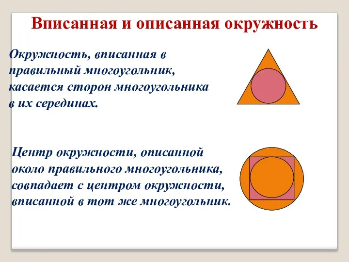 Окружность, вписанная в правильный многоугольник, касается сторон многоугольника в их серединах. Центр