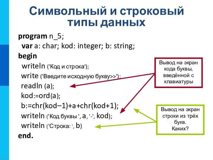 Символьный и строковый типы данных program n_5; var a: char; kod: integer;