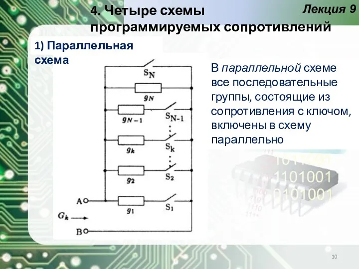 Лекция 9 4. Четыре схемы программируемых сопротивлений В параллельной схеме все последовательные