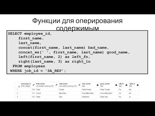 SELECT employee_id, first_name, last_name, concat(first_name, last_name) bad_name, concat_ws(' ', first_name, last_name) good_name,