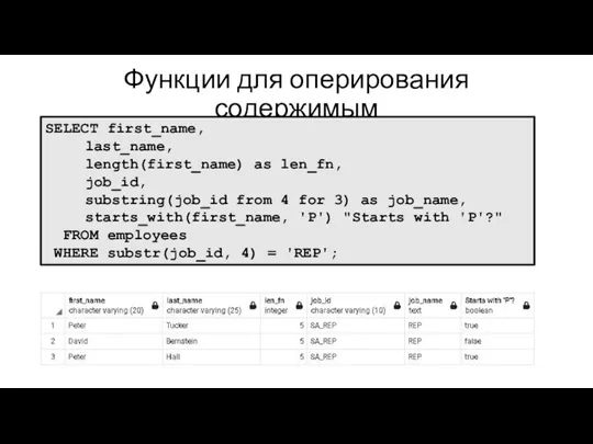 Функции для оперирования содержимым SELECT first_name, last_name, length(first_name) as len_fn, job_id, substring(job_id