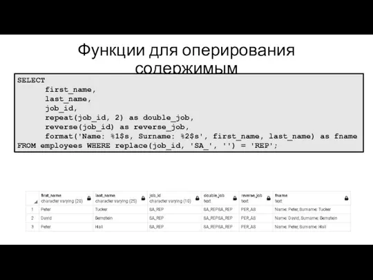 Функции для оперирования содержимым SELECT first_name, last_name, job_id, repeat(job_id, 2) as double_job,