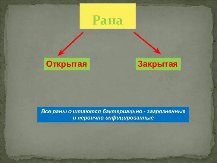 Рана Открытая Закрытая Все раны считаются бактериально - загрязненные и первично инфицированные