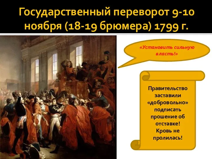 Государственный переворот 9-10 ноября (18-19 брюмера) 1799 г. «Установить сильную власть!» Правительство