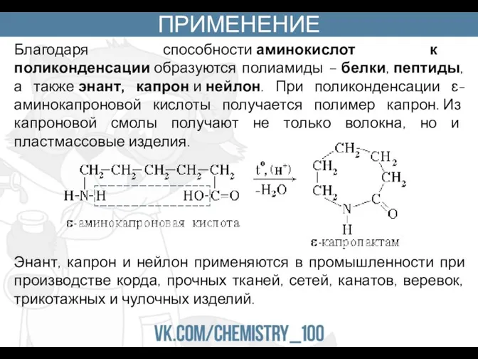 ПРИМЕНЕНИЕ Благодаря способности аминокислот к поликонденсации образуются полиамиды – белки, пептиды, а