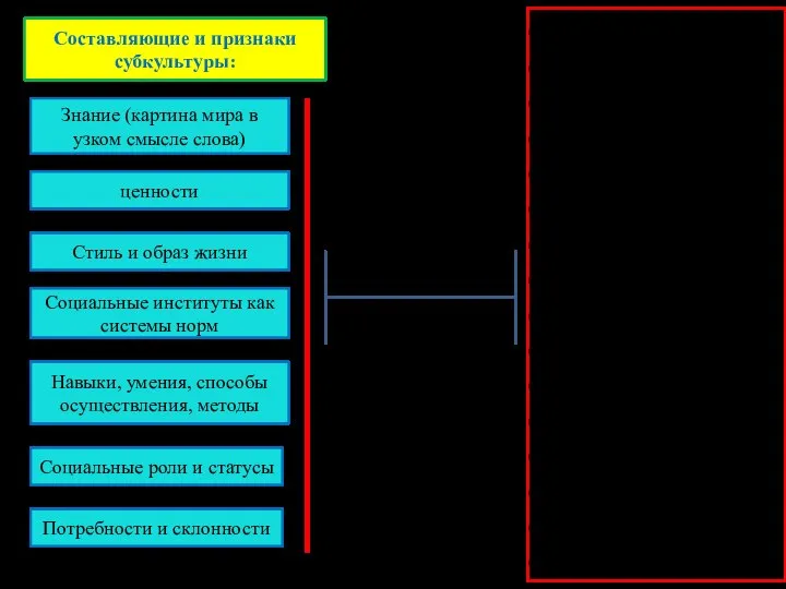 Составляющие и признаки субкультуры: Знание (картина мира в узком смысле слова) ценности