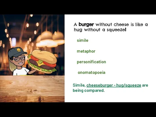 simile metaphor personification A burger without cheese is like a hug without