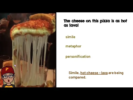 simile metaphor personification The cheese on this pizza is as hot as