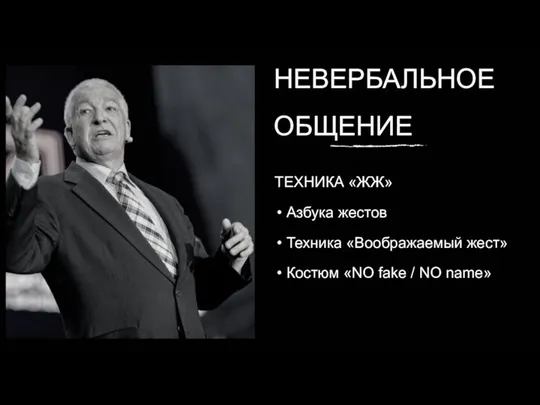 ТЕХНИКА «ЖЖ» Азбука жестов Техника «Воображаемый жест» Костюм «NO fake / NO name» НЕВЕРБАЛЬНОЕ ОБЩЕНИЕ