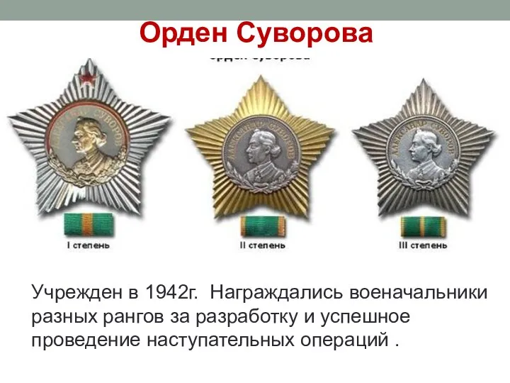 Орден Суворова Учрежден в 1942г. Награждались военачальники разных рангов за разработку и