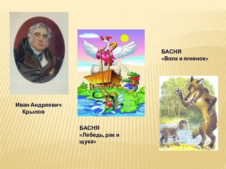 Иван Андреевич Крылов БАСНЯ «Лебедь, рак и щука» БАСНЯ «Волк и ягненок»