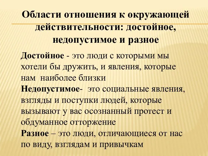 Области отношения к окружающей действительности: достойное, недопустимое и разное Достойное - это