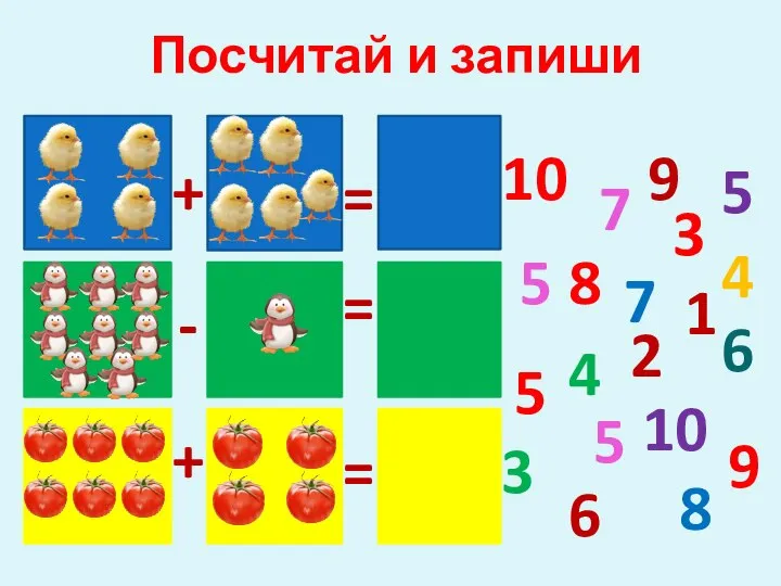 Посчитай и запиши 7 8 9 10 5 5 4 3 6