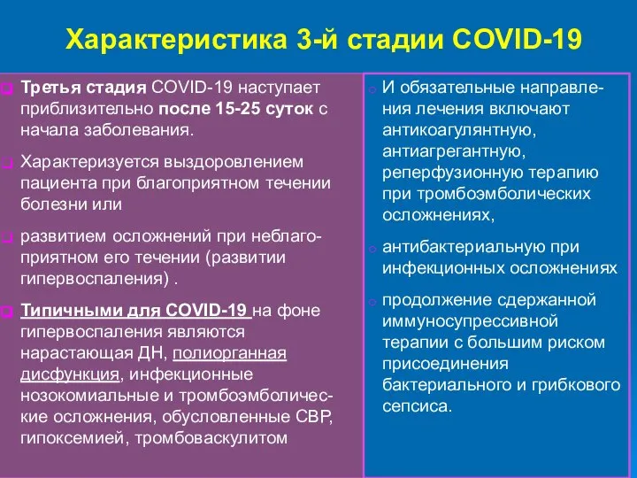 Характеристика 3-й стадии COVID-19 Третья стадия COVID-19 наступает приблизительно после 15-25 суток